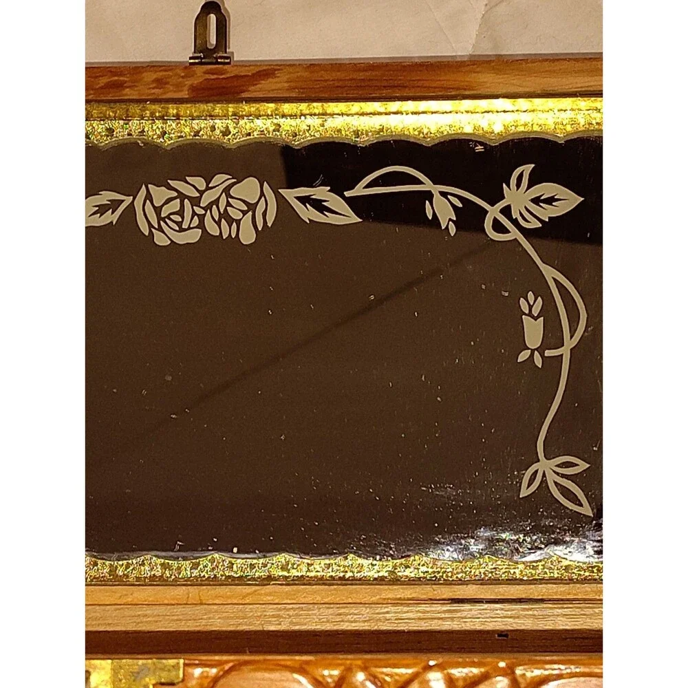 Vintage Mid-Century Carved Cedar Jewelry Box with Cottage Scene Interior Mirror